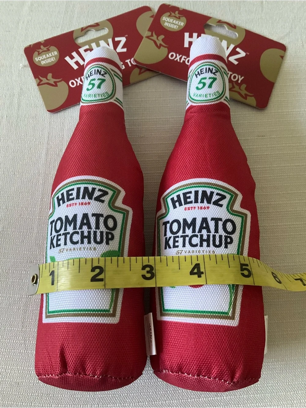 NWT HEINZ 2pc Set Red Tomato Ketchup Bottle Plush Oxford Crinkle Sound Dog Toy